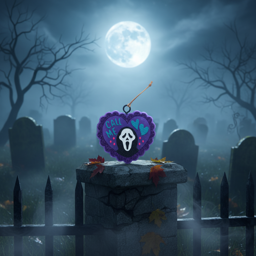 Ghost Face Freshie in a Halloween graveyard setting
