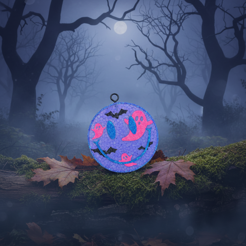 Spooky Smiley Face Freshie in a spooky forest